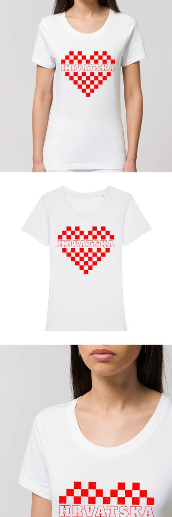 Udobna ženska majica za navijanje u bijeloj boji sa vizualom srca kojeg krasi hrvatska šahovnica i natpis hrvatska